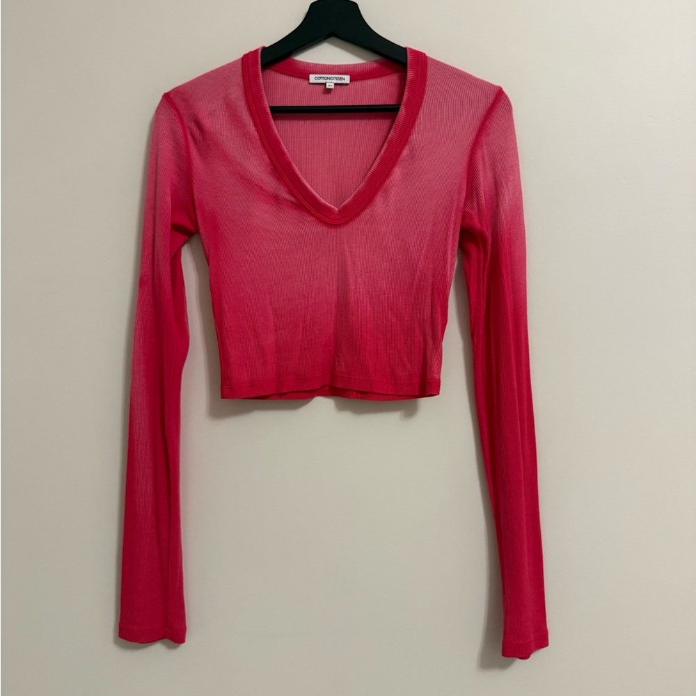 Cotton Citizen XS Hot Pink Ribbed V-Neck Long Sleeve Crop Top